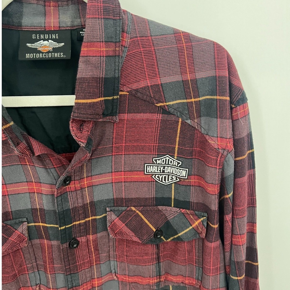 Harley-Davidson Mens XL Red Plaid Flannel Long Sleeve Western Button Up Shirt - Picture 4 of 10